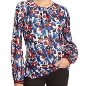 Milly Floral Blouse Blue Red Black Mandy Silk Print Business Casual Top Size 2